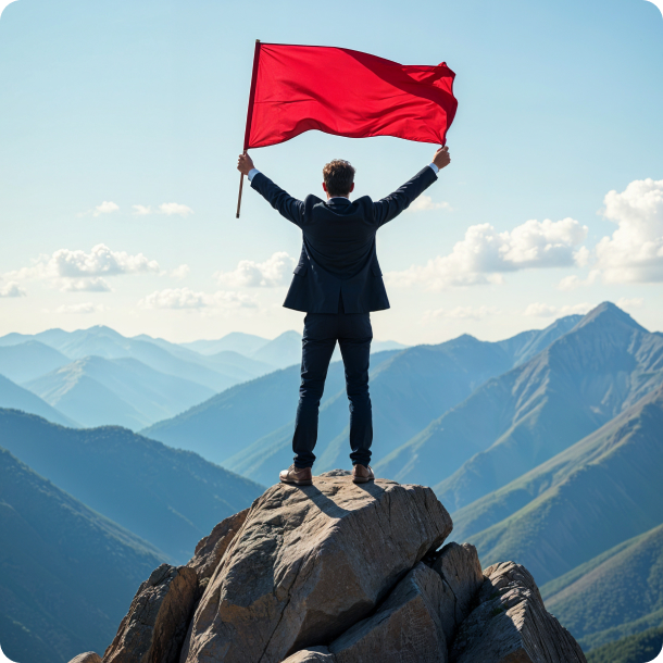 Person on a mountain peak holding a red flag, symbolizing achievement, innovation, and digital excellence.