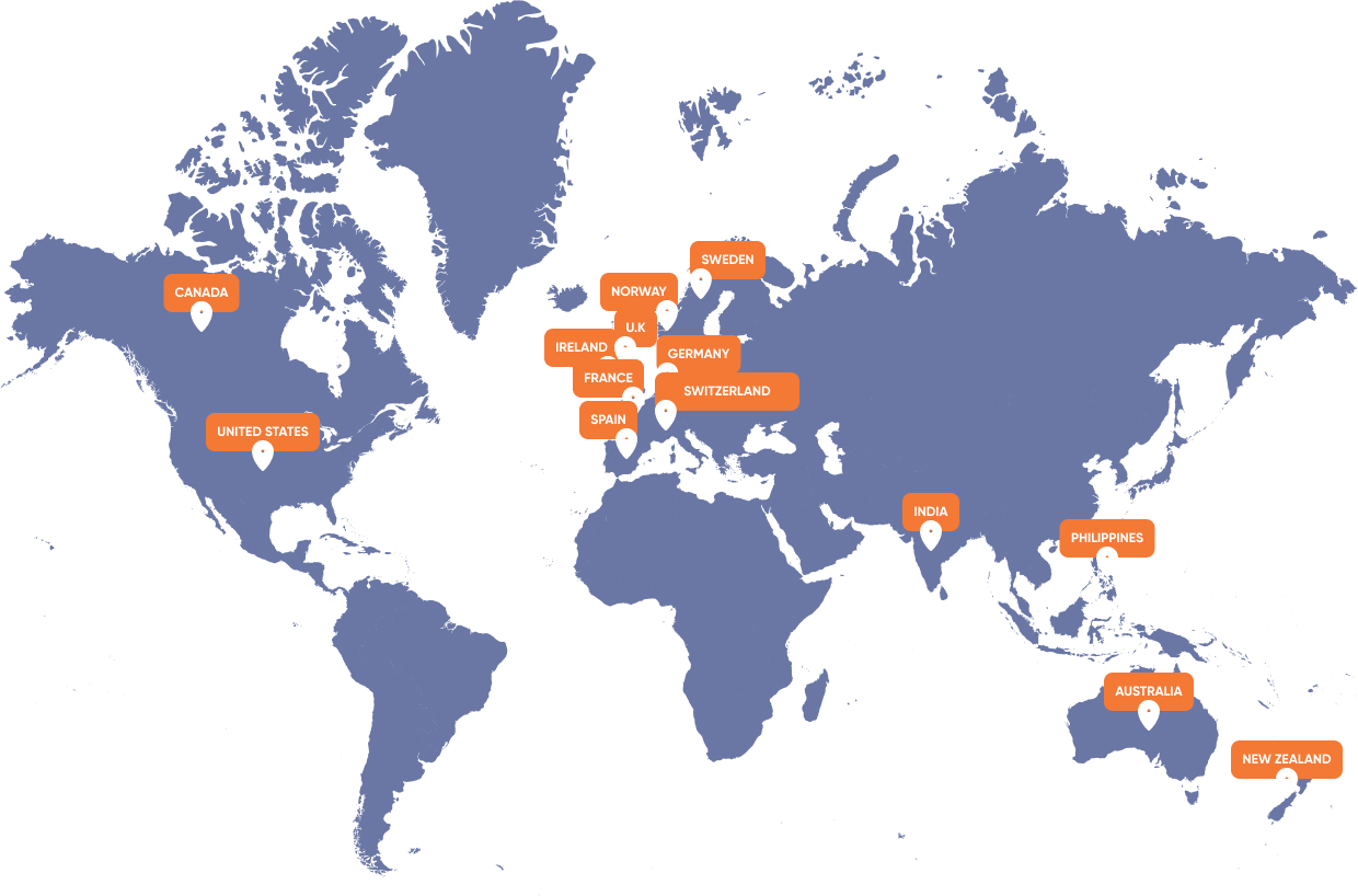 World map highlighting countries offering services.