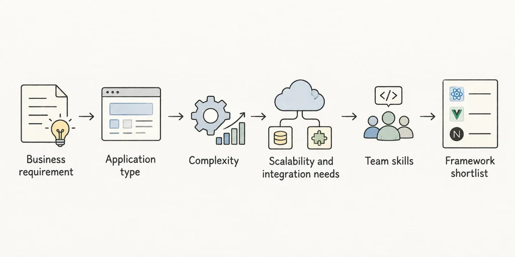 Decision flow for choosing the right web development framework based on business requirements, application type, complexity, scalability, integrations, and team skills