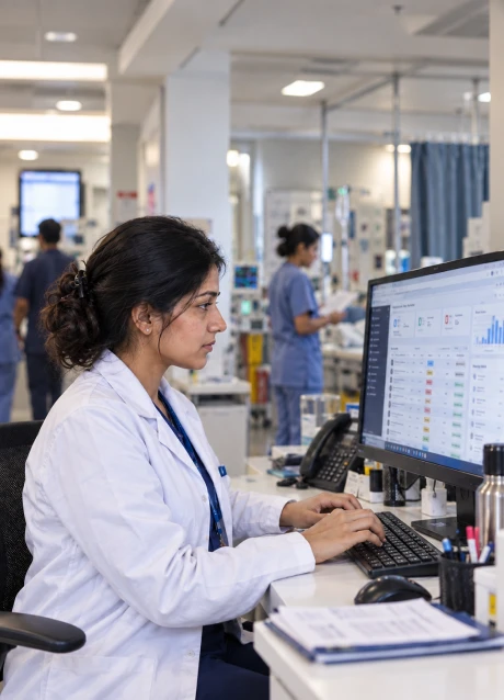Healthcare professional reviewing an operational dashboard in a clinical setting