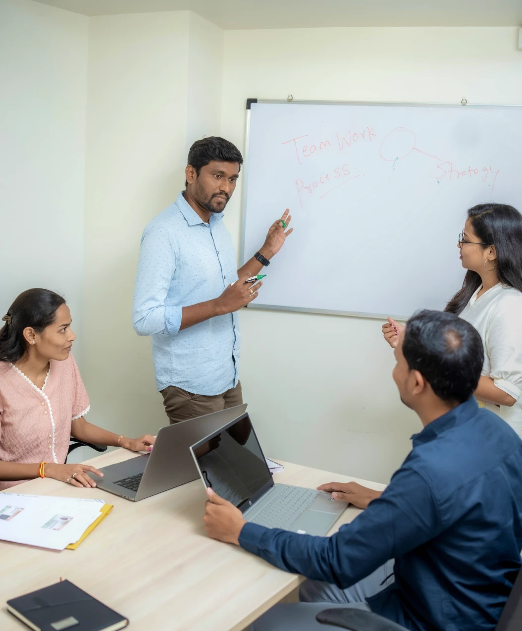 Business team discussing processes and systems in an office