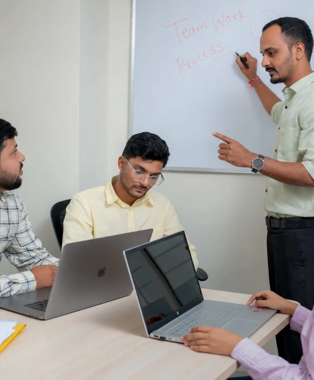 Business team discussing processes and systems in an office